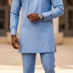 Men’s African fashion set including Agbada, Dashiki top, and pants.
