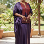 Morenike purple Satin Silk African dress with bold red embroidery by Dupsie’s African Fashion, Nigerian wedding guest African clothing for women