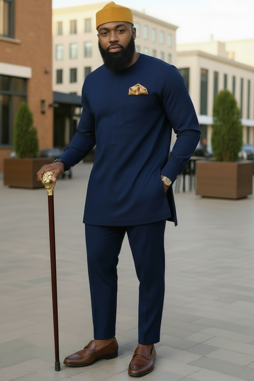 Navy Blue African Senator Dashiki Top with Press-Down Buttons by Dupsie's African Fashion