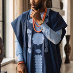 Olakunle Navy Blue Aso Oke Embroidered Agbada Robe for Men | African Fashion by Dupsie’s DPAGNBLB72 by Dupsie's African Fashion