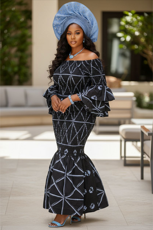 navy blue african dress Tandiya Navy & Powder Blue African Smocked Top and Skirt Ensemble for women DPSTSNPB