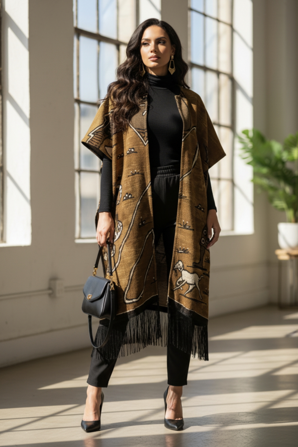 Front view of Nifas African Mud Cloth Kimono Dress showcasing intricate patterns.