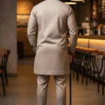 Elegant African Button-Up Senator Suit featuring vertical pinstripes and tailored slim-fit styling.