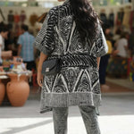 Nigerian African fashion for women featuring the Anaya rhinestones kimono top and pants African pants suit in black and off‑white tie dye.