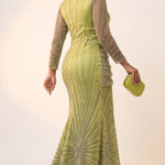 Heavily beaded Nigerian-inspired African party dress for women with long beaded sleeves