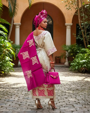 pink and gold african dress Lumina: Elegant Red Black Gold Ankara Cross-Off-Shoulder Dress by main image 0