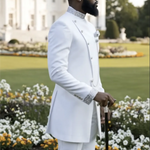 Nigerian wedding set for men featuring all-white African suit and pants in modern slim-fit African fashion.