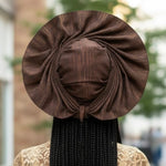 Nigerian wedding head wrap in coffee-brown Aso Oke pre-tied gele crown for African weddings and African attire.