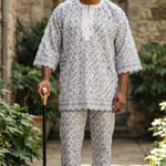 Nigerian Yoruba White Grey African Agbada for men featuring premium embroidered lace.