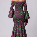 Nikema African print dress with dramatic flared bell sleeves