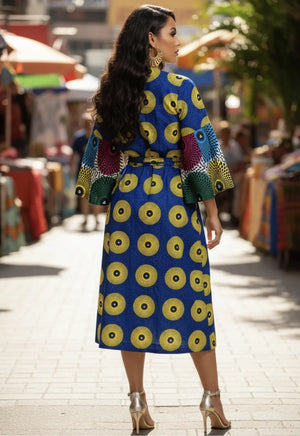 blue and yellow wrap dress Hathi Wrap Dress
