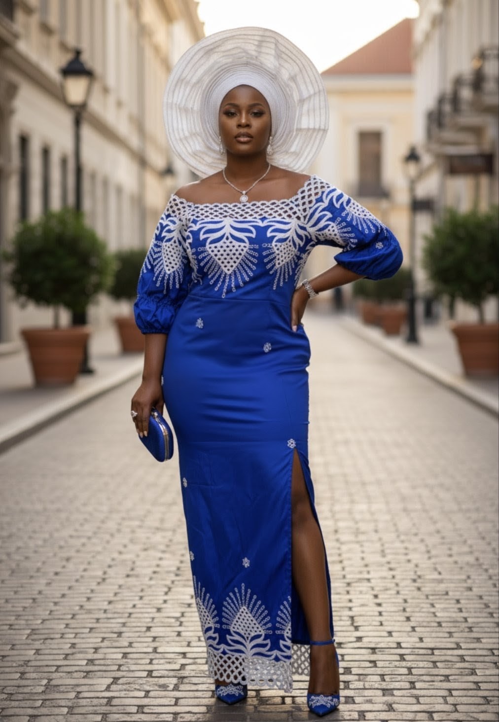 Nnkechi royal blue shimmery African George fabric dress with white embroidered neckline and three-quarter sleeves.