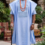 Obnuko light blue African Brocade Cotton Embroidered Agbada Set for men by Dupsie's African Fashion featuring traditional Nigerian Yoruba 3 piece Buba Sokoto Agbada.