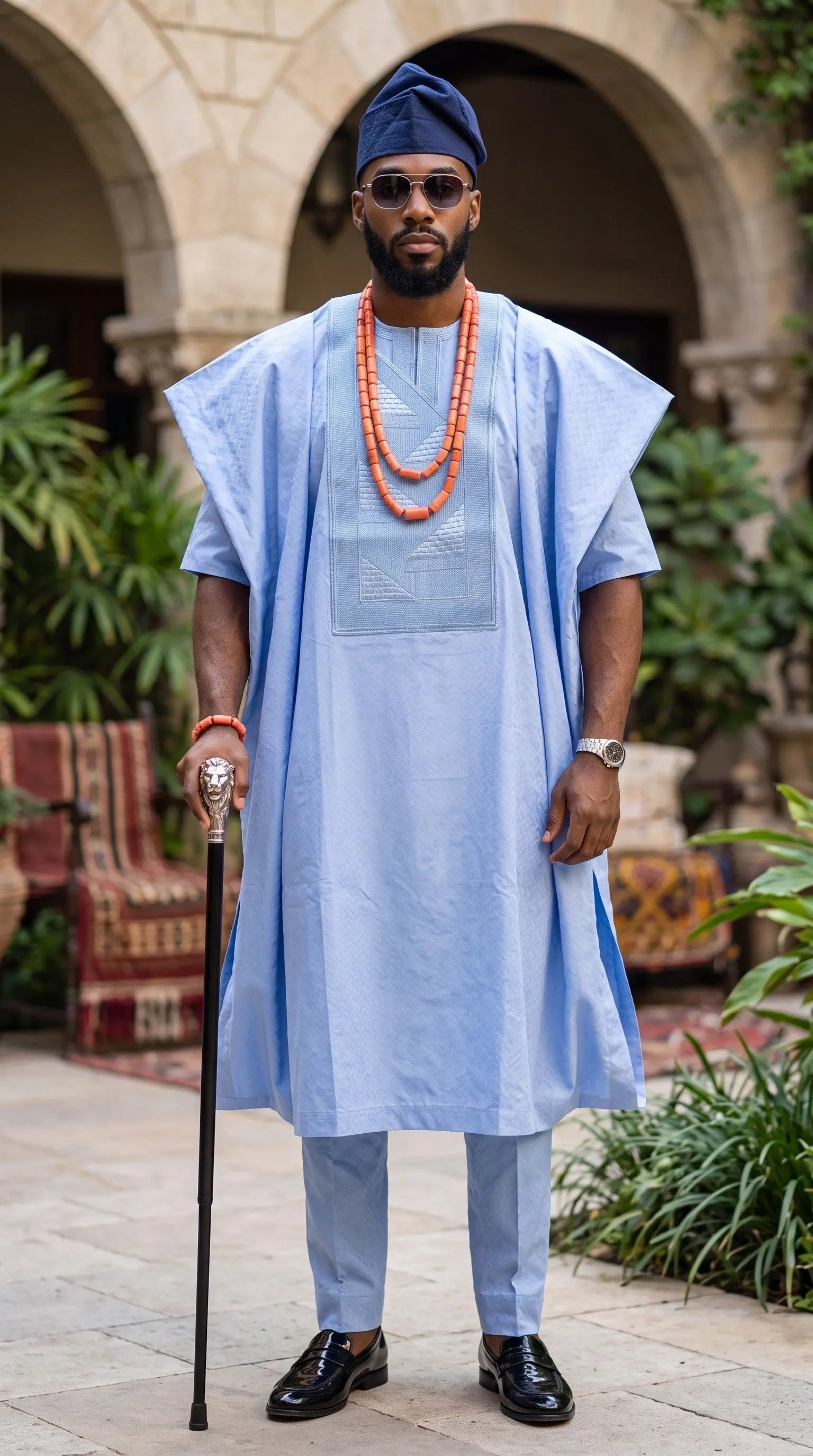 Light blue embroidered Nigerian Yoruba Agbada set for men