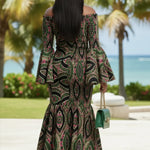 Off shoulder Ankara African dress with long bell sleeves and pockets Laka by Dupsie’s African Fashion