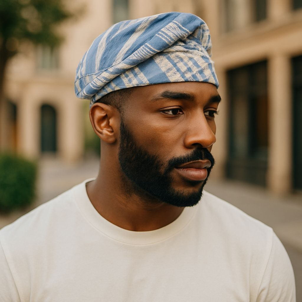 Dupsie's Brimless Off-White and Powder-Blue Aso Oke Kufi Cap Kufi Hat DPAHOFB53