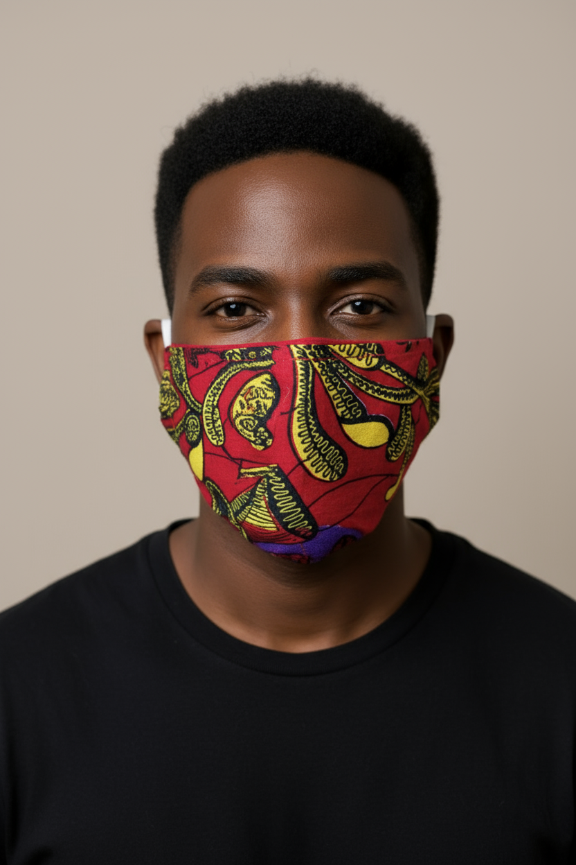 Purple, yellow, and red African print face mask for men and women, Okafor, by Dupsie’s African Fashion, with filter pocket design