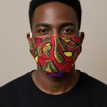 Purple, yellow, and red African print face mask for men and women, Okafor, by Dupsie’s African Fashion, with filter pocket design