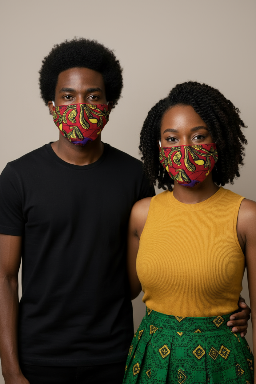 Unisex Okafor African print cotton face mask in purple, yellow, and red with side pockets for filter inserts for men and women, by Dupsie’s African Fashion