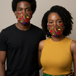Unisex Okafor African print cotton face mask in purple, yellow, and red with side pockets for filter inserts for men and women, by Dupsie’s African Fashion