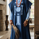 Olakunle Navy Blue Aso Oke Embroidered Agbada Robe for Men | African Fashion by Dupsie’s DPAGNBLB72 by Dupsie's African Fashion