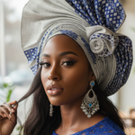 Silver and Royal Blue Damask Aso Oke Autogele Hat by Dupsie’s.
