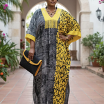 Oloketuyi Black Gray and yellow African tie-dye Boubou kaftan dress with beaded trim by Dupsie’s African Fashion, premium African clothing for women.