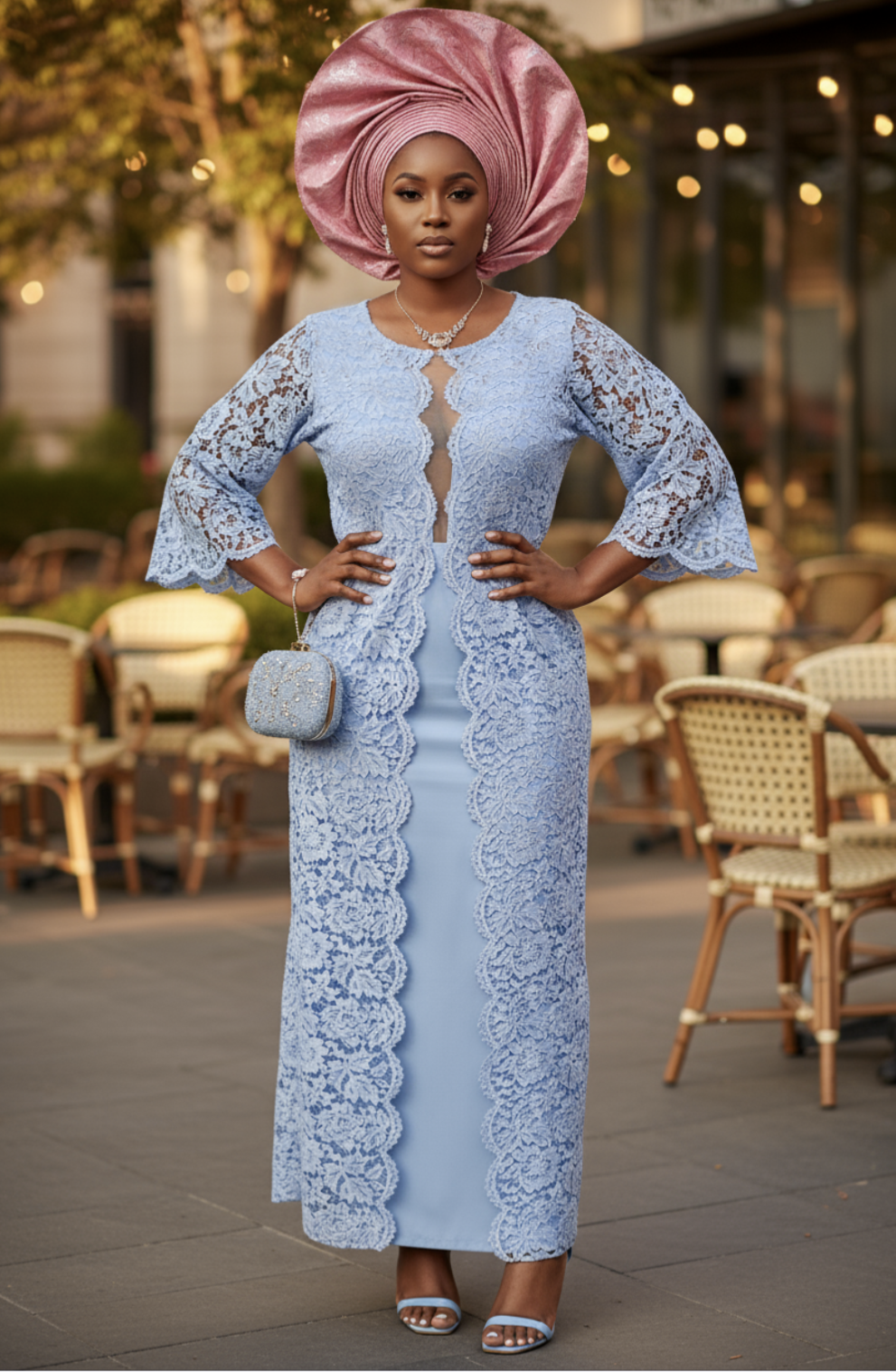 Front view of the light blue lace African dress by Dupsie's African Fashion with waist-high slit.