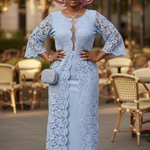 Front view of the light blue lace African dress by Dupsie's African Fashion with waist-high slit.