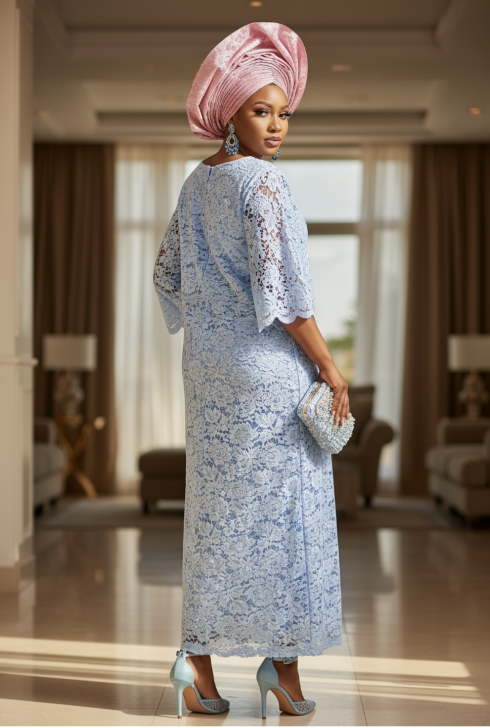 Light blue lace dress paired with accessories for a trendy look, stylishly showcasing Africa's fashion heritage.