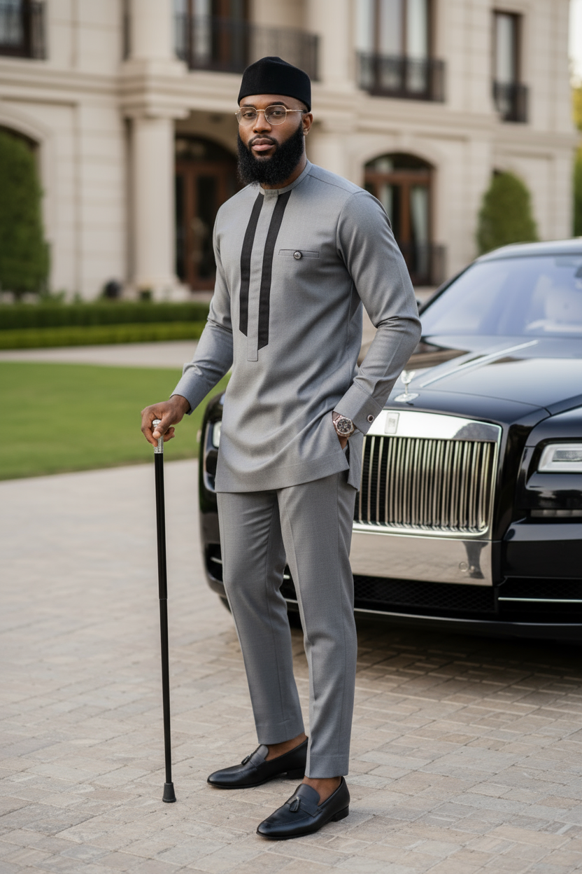 Olowo Senator Set featuring Grey African Dashiki top with Black Chest Trim