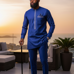 Oluo African Senator Dashiki Top in Royal Blue with Grey Embroidery Design