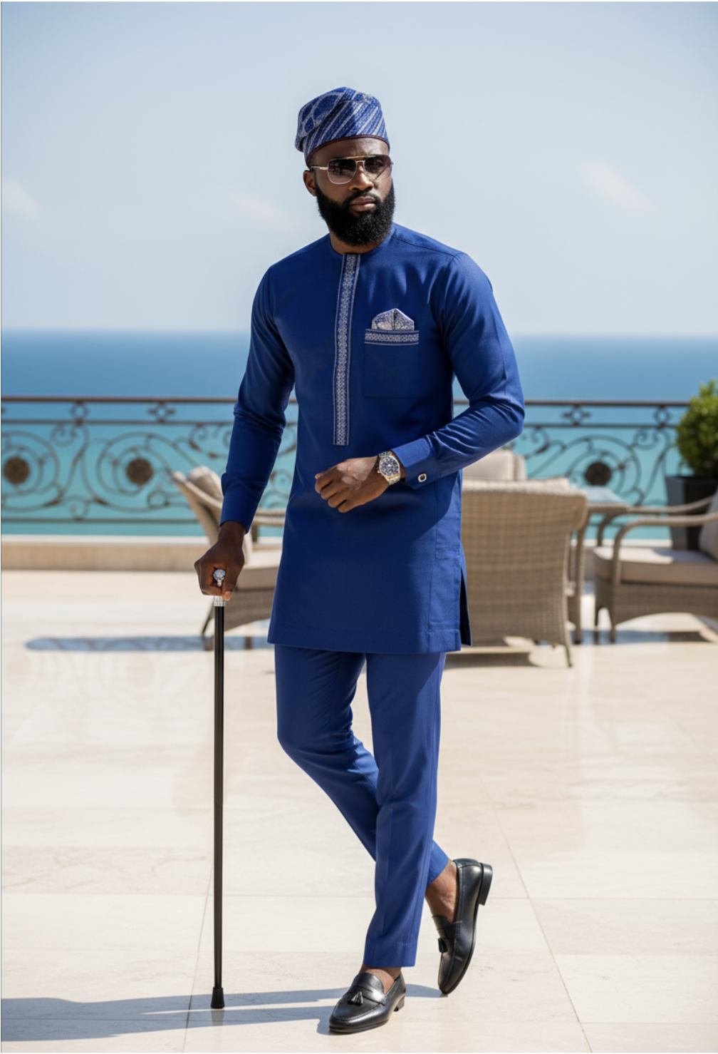 Oluo African Senator Dashiki Top in Royal Blue with Grey Embroidery Design