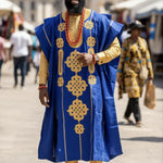 Striped Royal Blue and Gold Embroidered Aso Oke Agbada for men by Dupsie's African Fashion