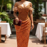Omotofine burnt orange African rhinestone lace maxi dress for women by Dupsie's African Fashion featuring sequins embroidered African lace bustier formal Nigerian party dress.