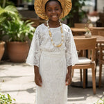 Oorinayo 2 Piece African Lace Buba and Wrapper Set for Girls by Dupsie's African Fashion in elegant white cotton lace.