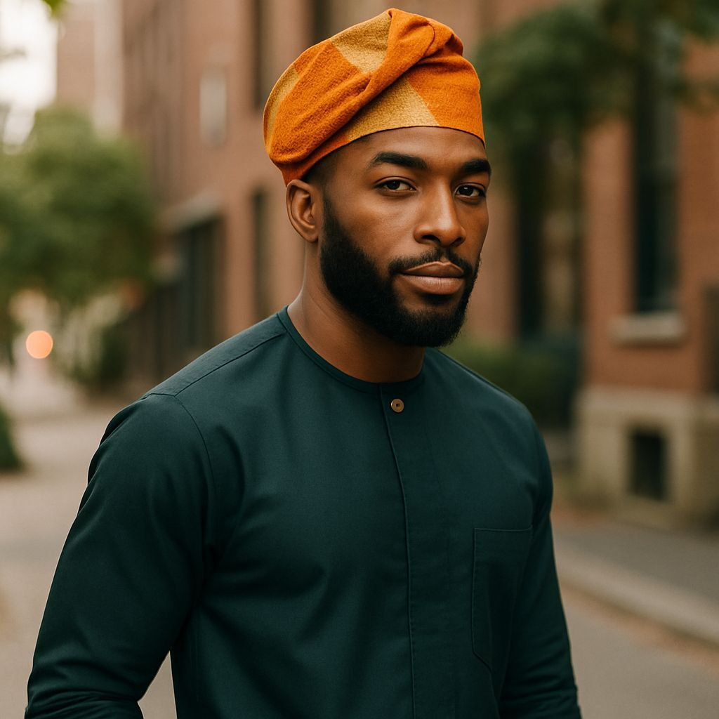 Dupsie's Bisayo Brimless Orange with Gold Patterns African Aso Oke Kufi Cap Kufi Hat DPAHOGP65