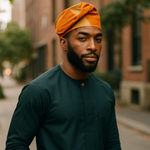 Dupsie's Bisayo Brimless Orange with Gold Patterns African Aso Oke Kufi Cap Kufi Hat DPAHOGP65