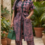 Patricia pink and green African tie-dye rhinestoned kimono-style button-up pants suit for women by Dupsie's African Fashion.