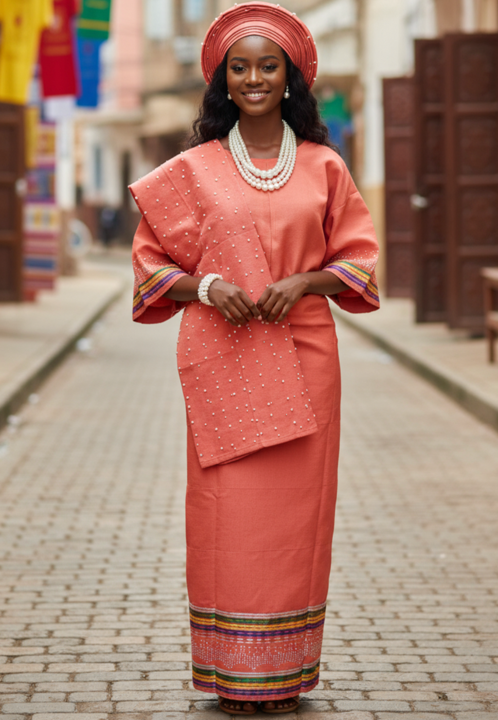 Peach Aso Oke 4‑piece African clothing set with Autogele, pearls, and rhinestones by Dupsie’s African Fashion