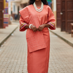 Peach Aso Oke 4‑piece African clothing set with Autogele, pearls, and rhinestones by Dupsie’s African Fashion