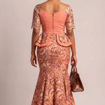 Caleen Peach & Brown African Lace Rhinestone Maxi Dress for Women | Dupsie's African fashion DPDPBLD45 by Dupsie's African Fashion