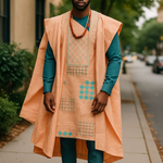 Regal Peach and Teal Aso Oke Agbada Robe for men by Dupsie’s African Fashion – Handwoven African clothing, traditional Yoruba attire for weddings and formal occasions