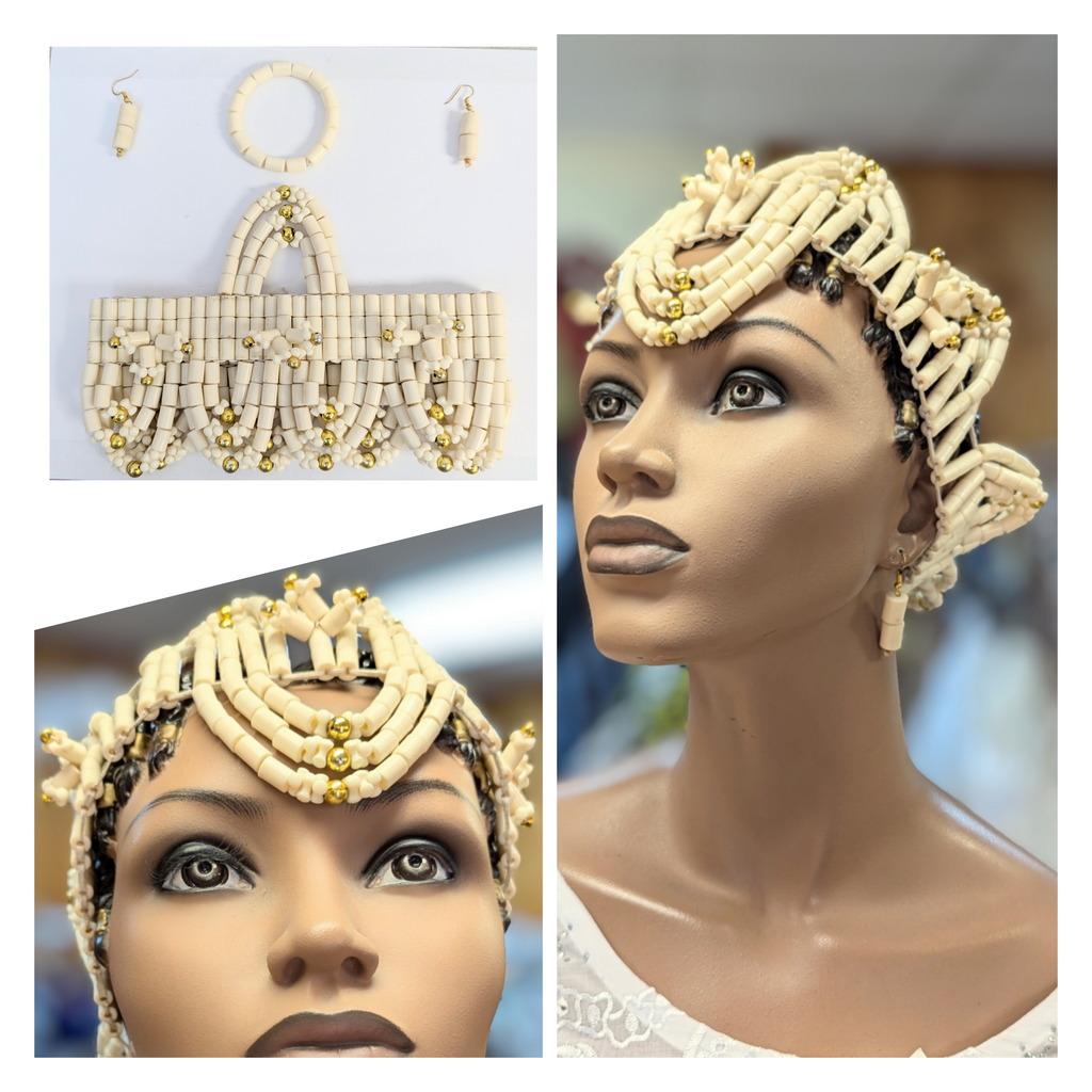 Dupsie's Kelechi Igbo Edo African Ivory and Gold Beaded Crown Bracelet and Earrings Set DPACNBI3