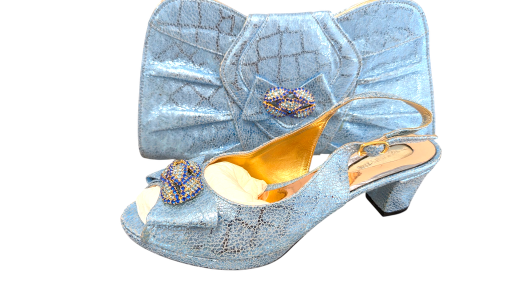 Valentino Vero Cuoio powder-blue Italian leather open-toe shoe with rhinestone brooch and matching clutch by Dupsie’s African Fashion – perfect with African clothing