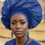 Full hat highlighting pleated, fan-like top and 6-inch height in royal blue Aso Oke Autogele