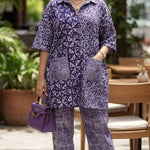 Purple African tie-dye kimono-style pants suit with rhinestone detailing