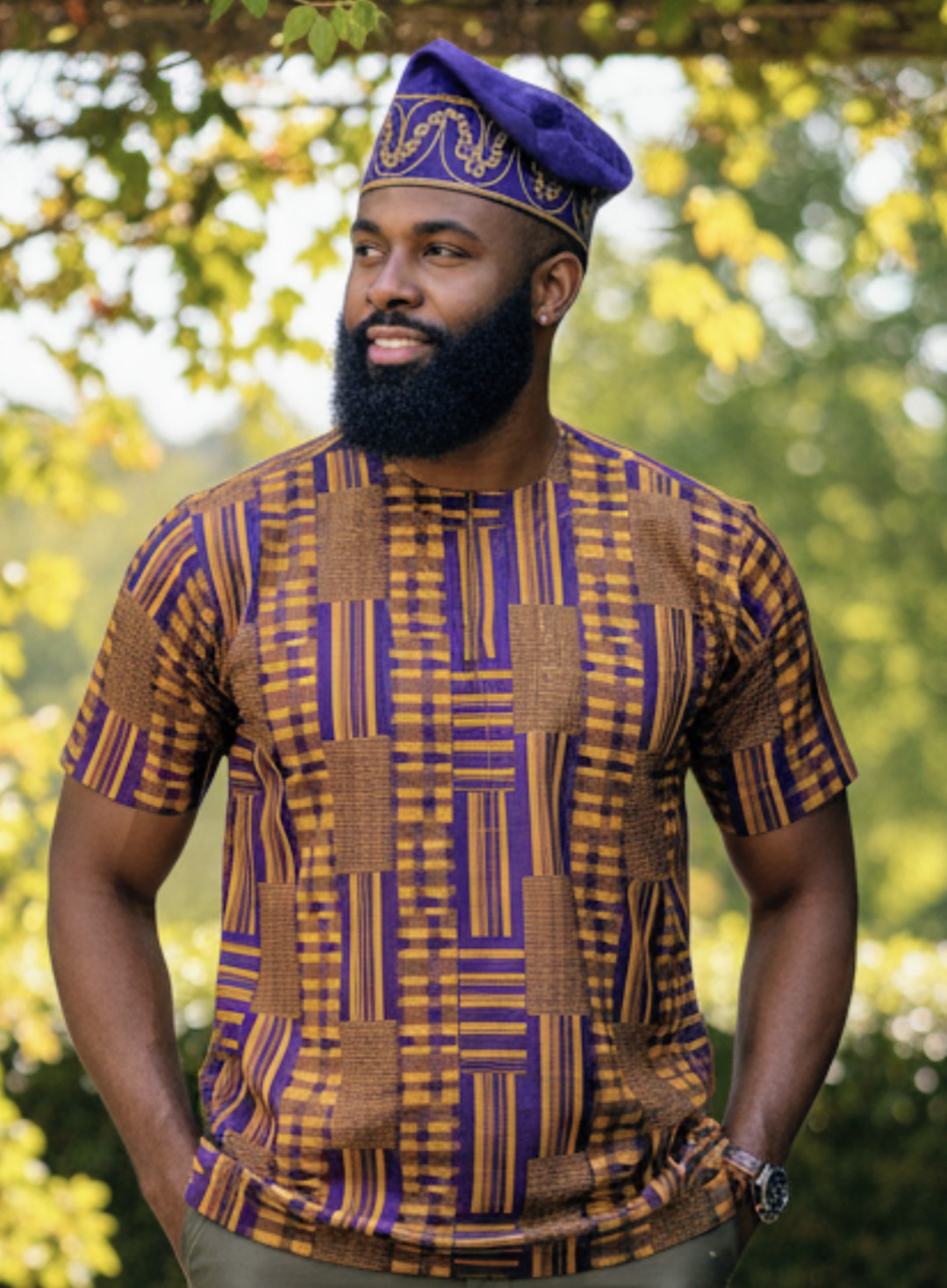 Purple and Gold Kente Dashiki showcasing African print style by Dupsie's African Fashion