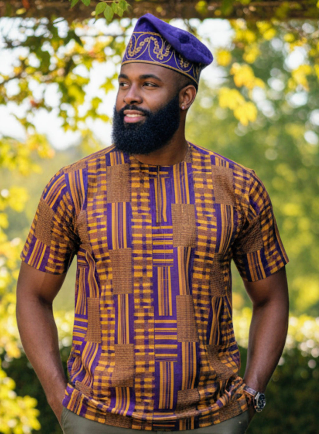 Purple and Gold Kente Dashiki showcasing African print style by Dupsie's African Fashion