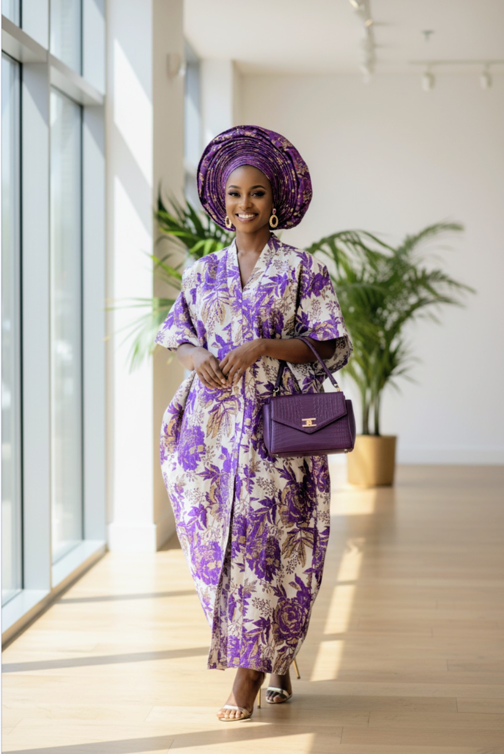 Purple and gold floral damask African print dress for women, full length African clothing boubou style with side pockets 